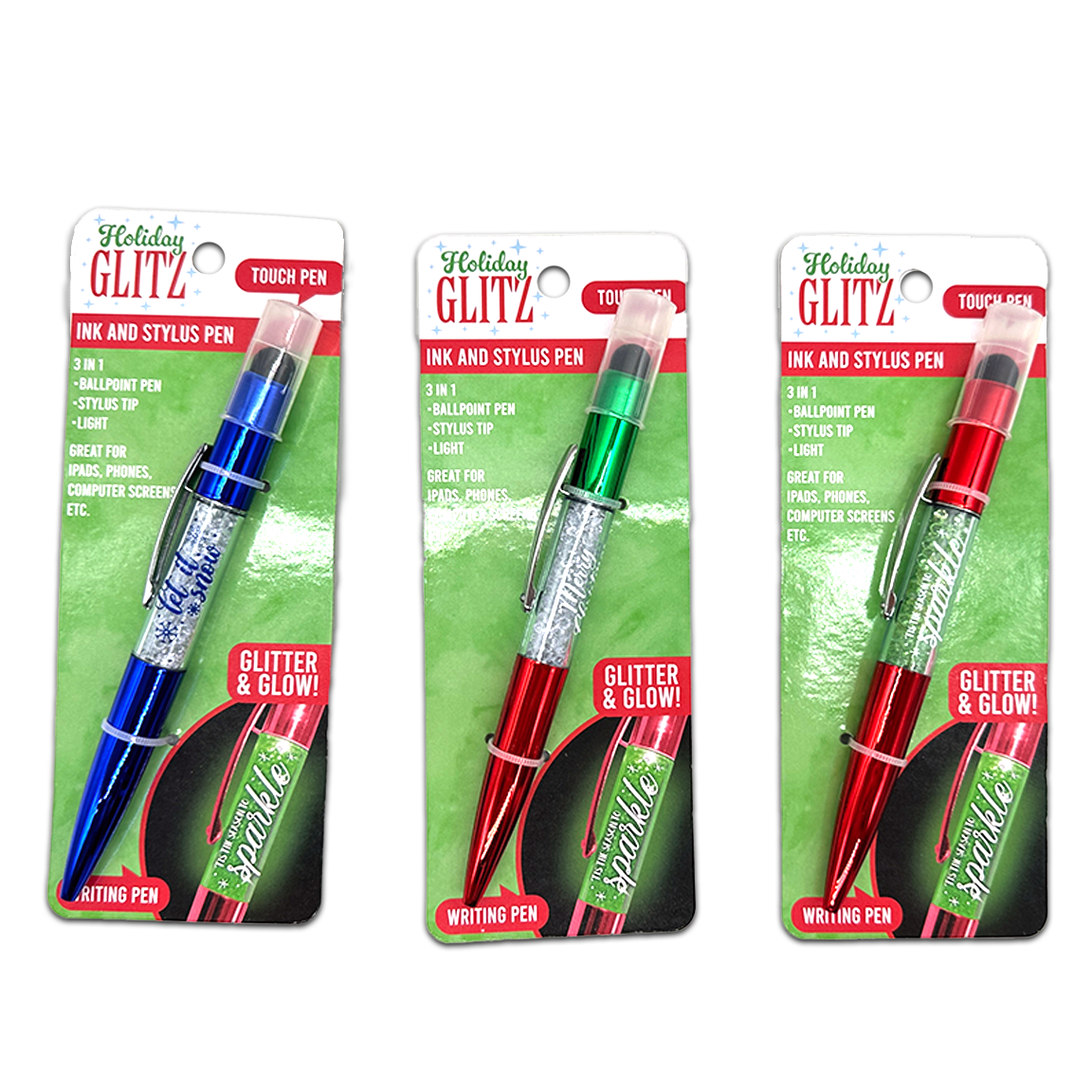Novelty Brands - Wholesale Pen - Christmas Glitter Pen with LED Light Assortment - 6/Display3