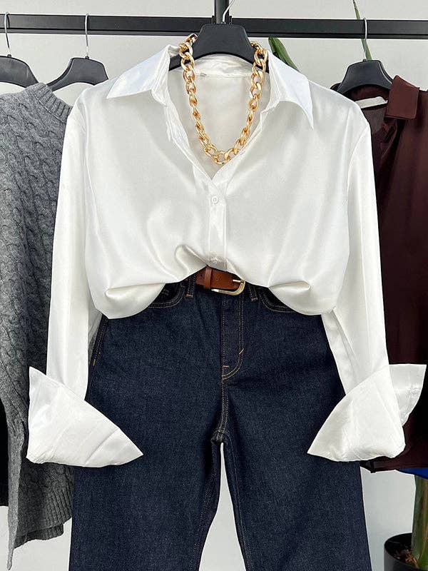 UZ Wholesale Store - Wholesale Button Down Shirt - Women's - Long Sleeves Loose Buttoned Shiny Solid Color Lapel Blouses&Shirts Tops13