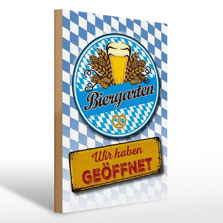 Panneau décoratif bavarois en bois 30x40 cm Beer Garden we are open pour la vente par Femer