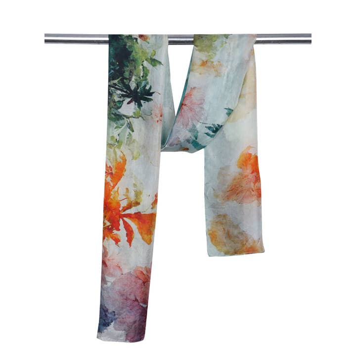 Namaskar Australia - Wholesale Scarf - Women's - Tropical Horizon Floral Landscape Scarf – Pure Silk Designer Wrap | Watercolor Coastal Print1