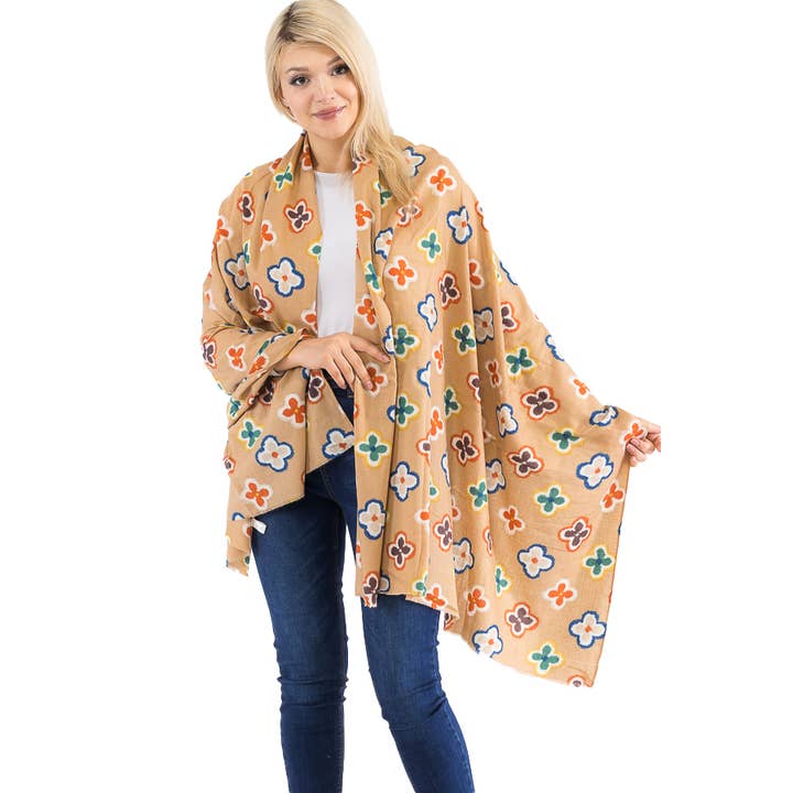 Cap Zone - Wholesale Scarf - Women's - Multicolor Clover Monogram Print Faux Cashmere Oblong Scarf