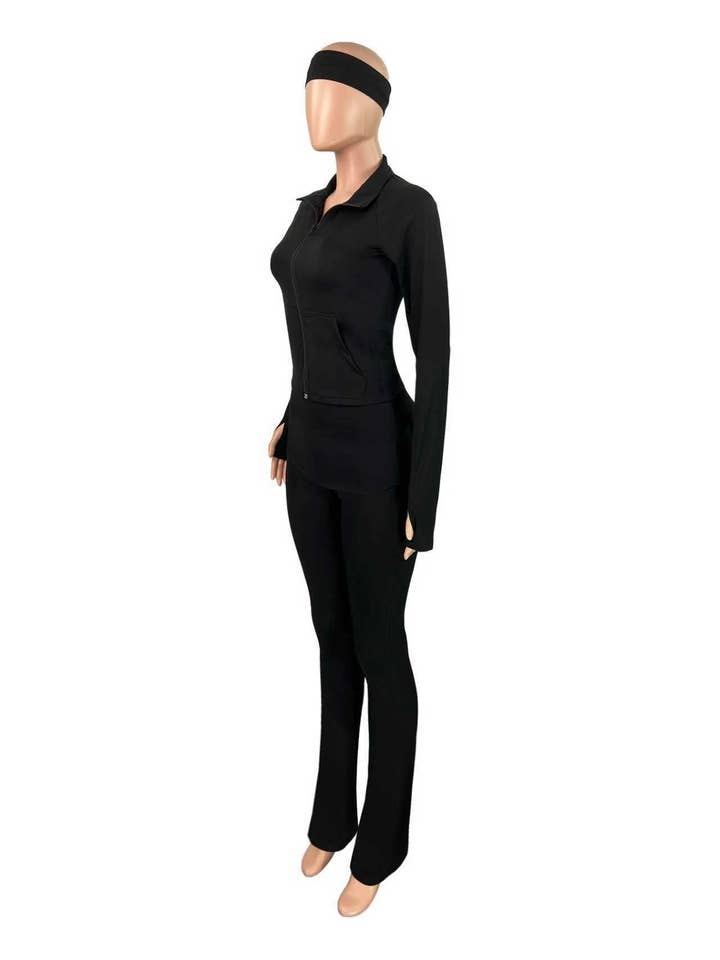 MB Fashion Wholesale - Wholesale Activewear Set - Women's - MB FASHION Three-Piece Activewear Zip-Up Set with Headband 50886