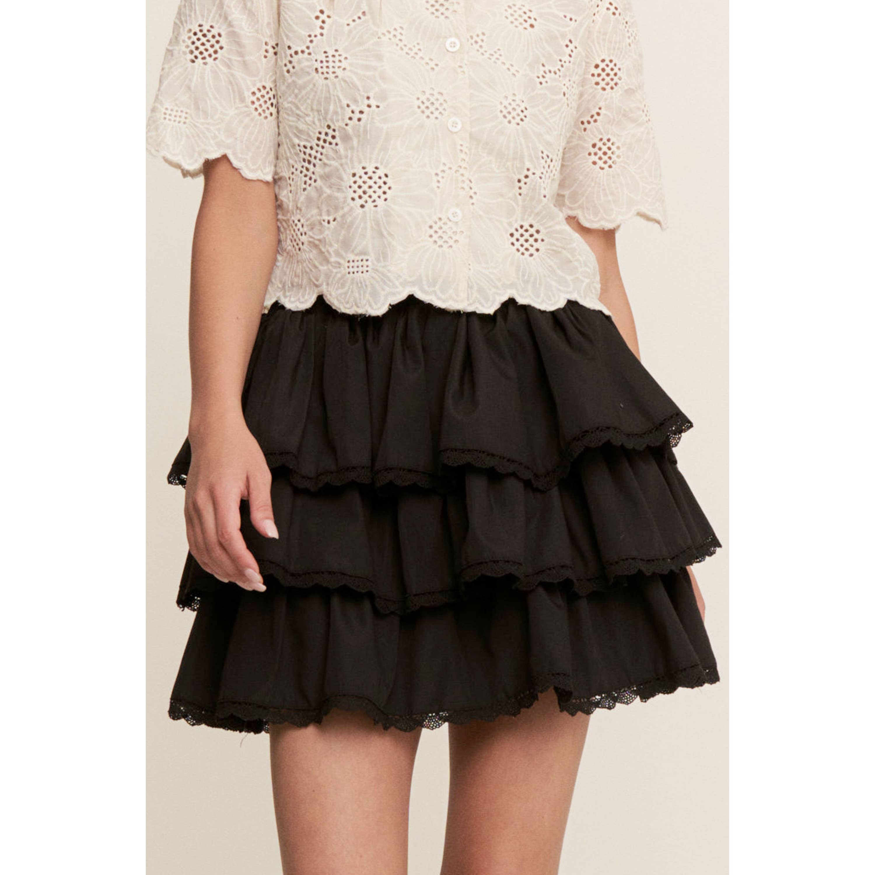 Black WESTERN SOLID MINI TIERED SHIRRING SKIRT SKORT for wholesale on Faire1