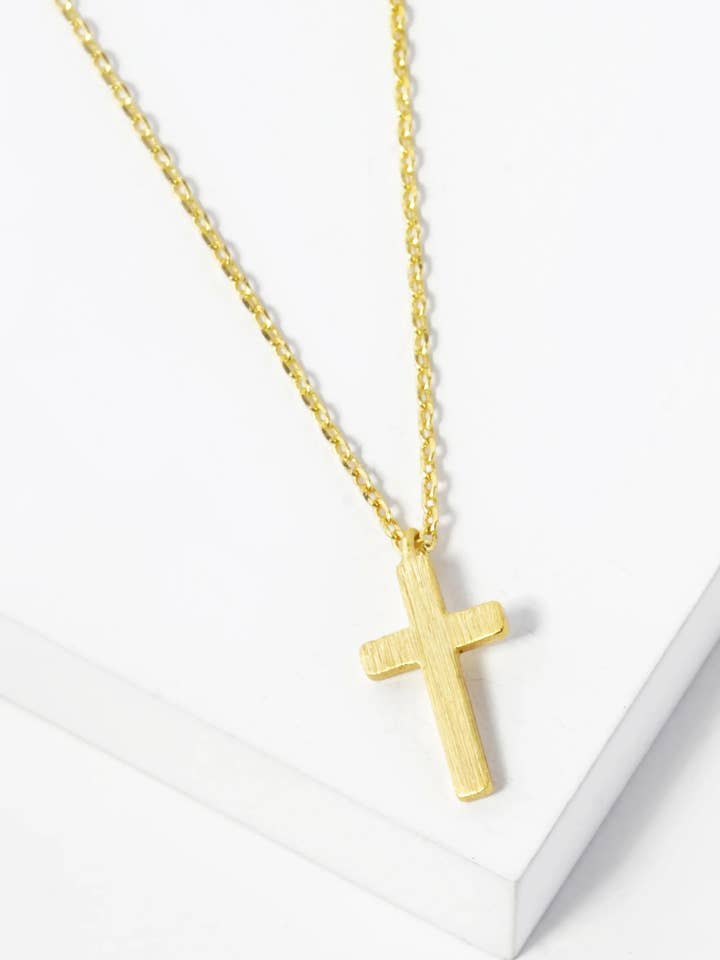 18K Gold Dipped Brushed Cross Pendant Necklace for wholesale by Wild Honey
