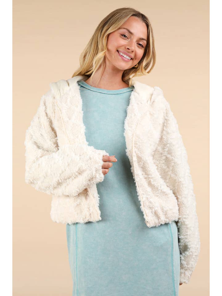 VERY J - Wholesale Jacket - Women's - NJ90342-Oversized Fuzzy Fur Textured Knit Hoodie Jacket
