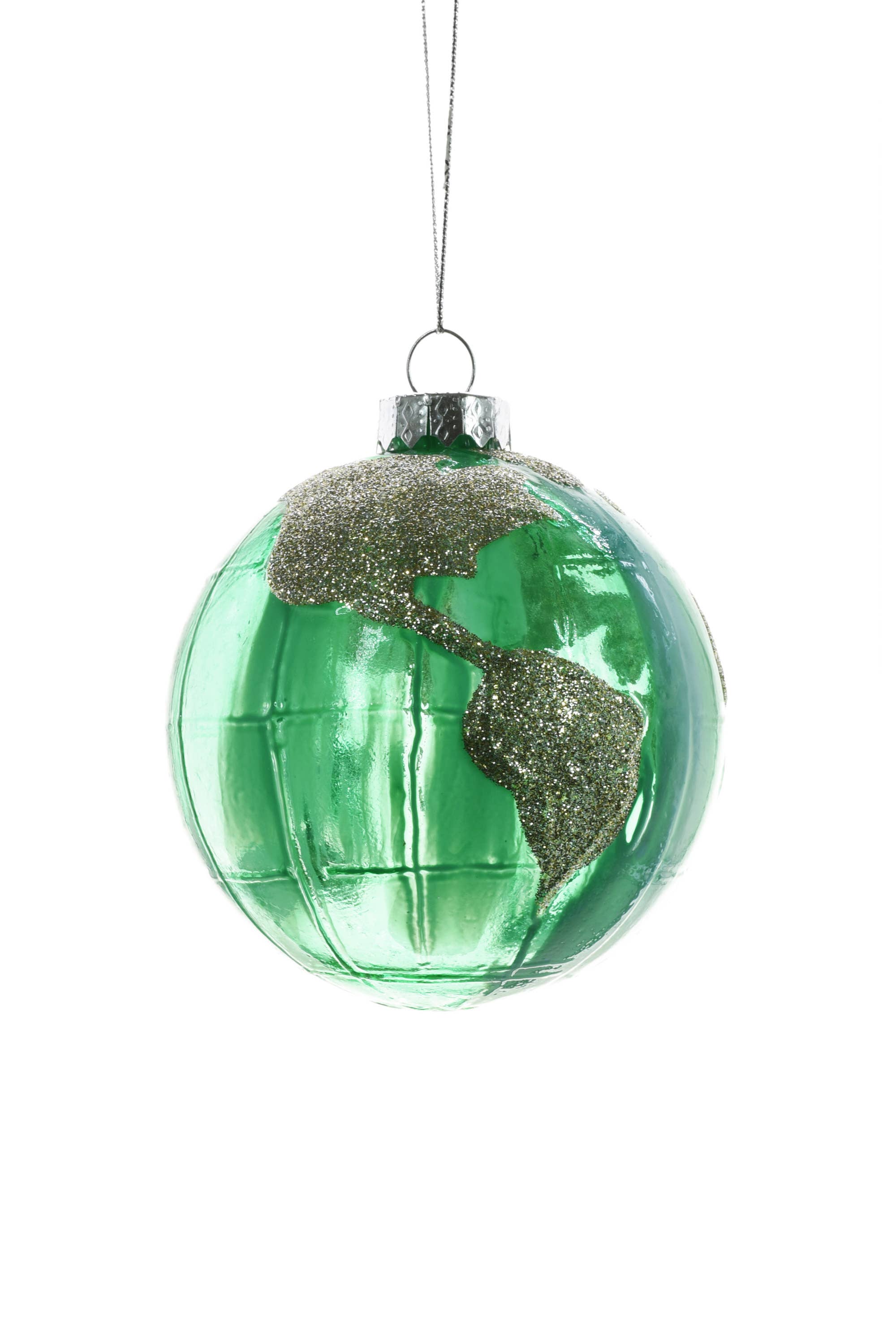 Starlight Collection - Wholesale Ornament - Green/Teal Globe Ornament with Glittered Silver Continents0