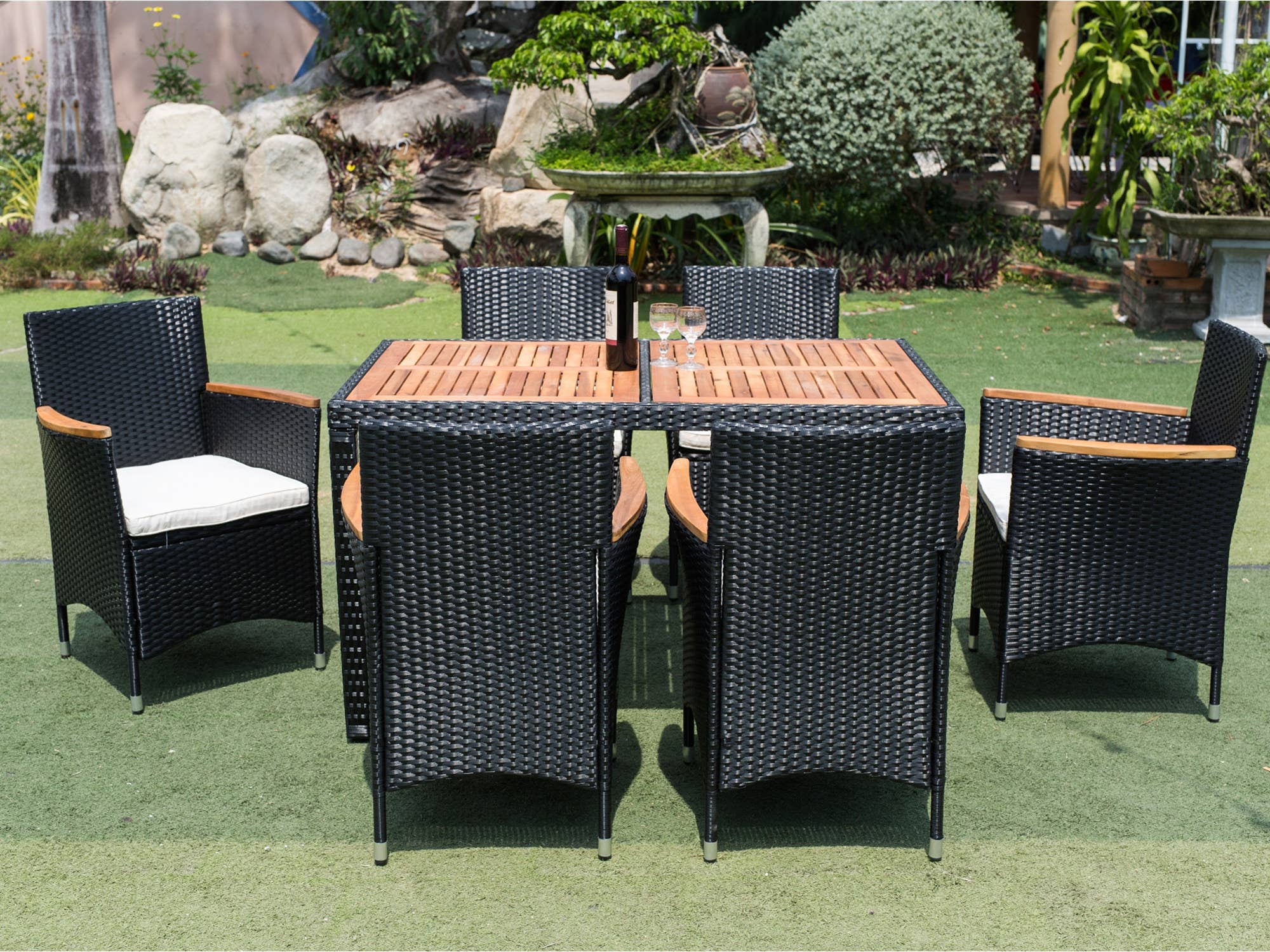 39F Inc. - Wholesale Patio Set - 7-Piece Outdoor Patio Wicker Dining Set with Acacia Wood Top9