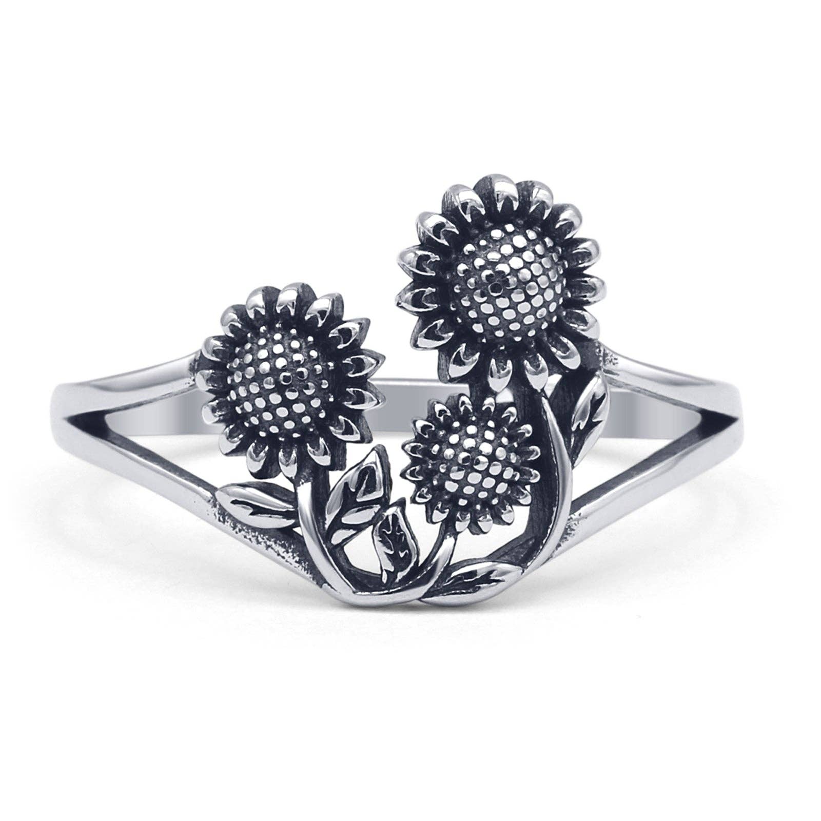 Sterling Silver Oxidized Budding Sunflower Split Shank Ring for wholesale on Faire0