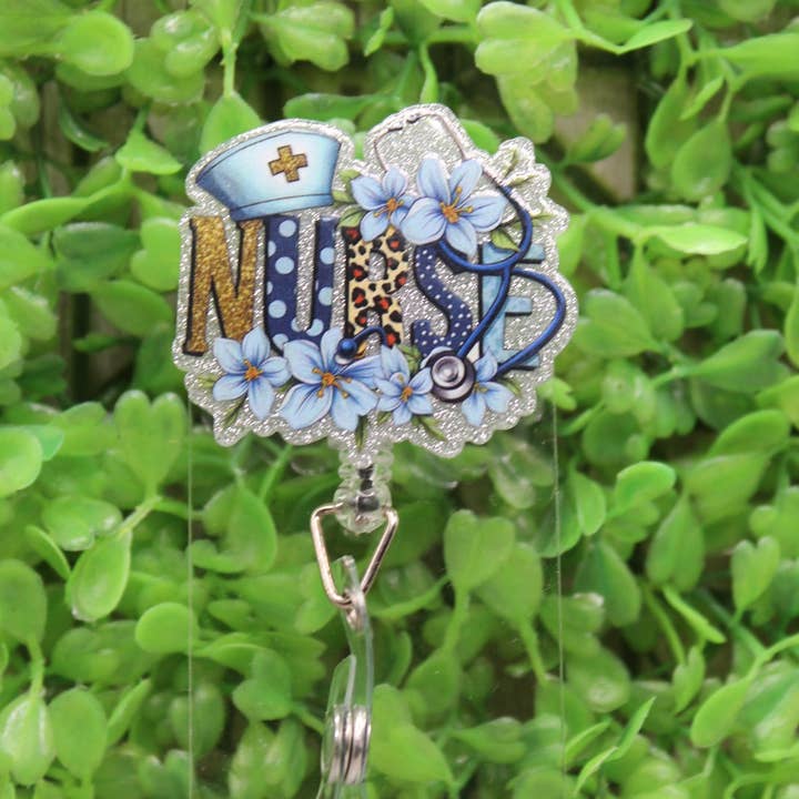 Portatarjetas/Identificación de ENFERMERA con diseño floral azul para venta al por mayor de Hylidae Boutique