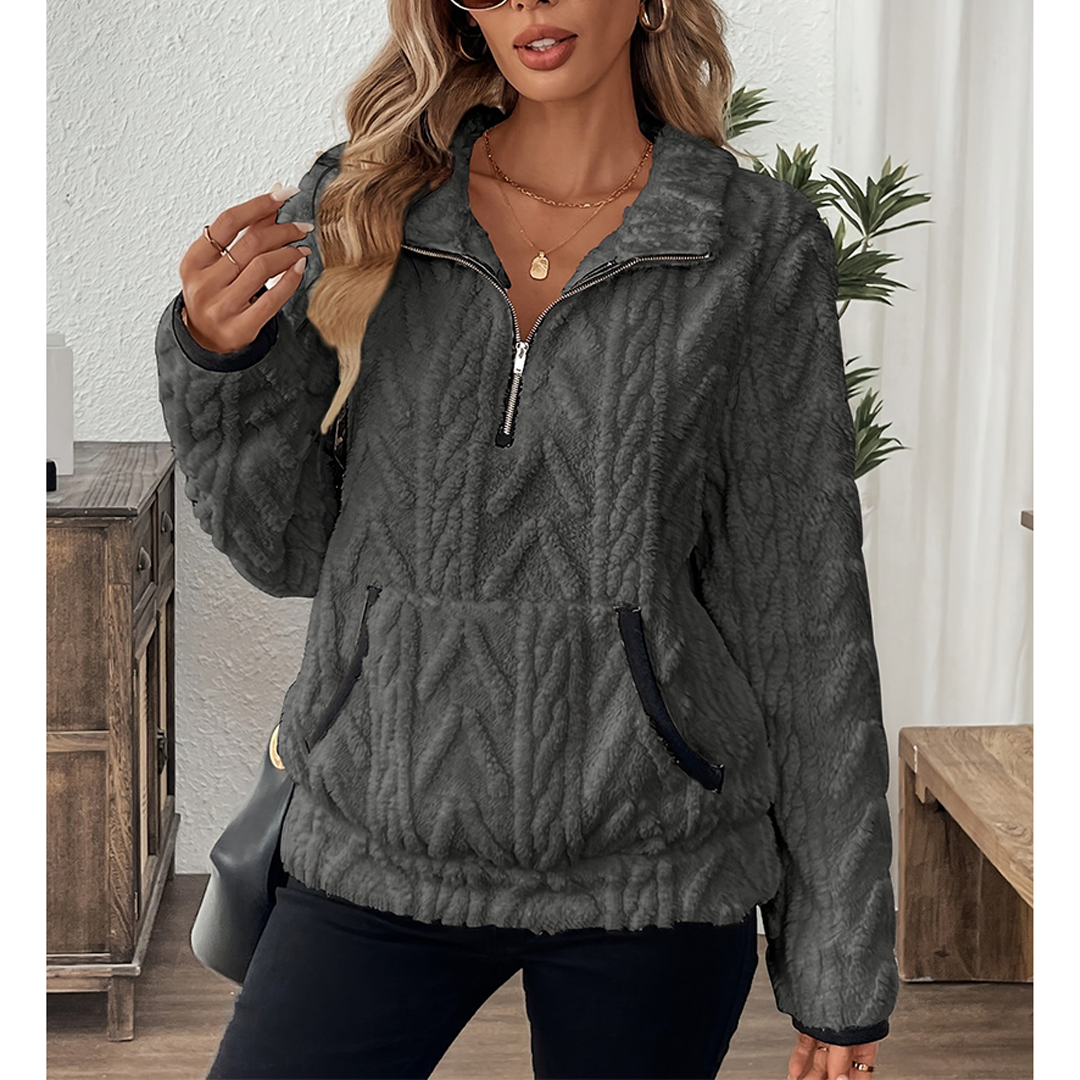 UNISHE - Wholesale Sweatshirt - Women's - Collared Jacquard Half-Zip Fleece Pocket Sweatshirt ZK37208