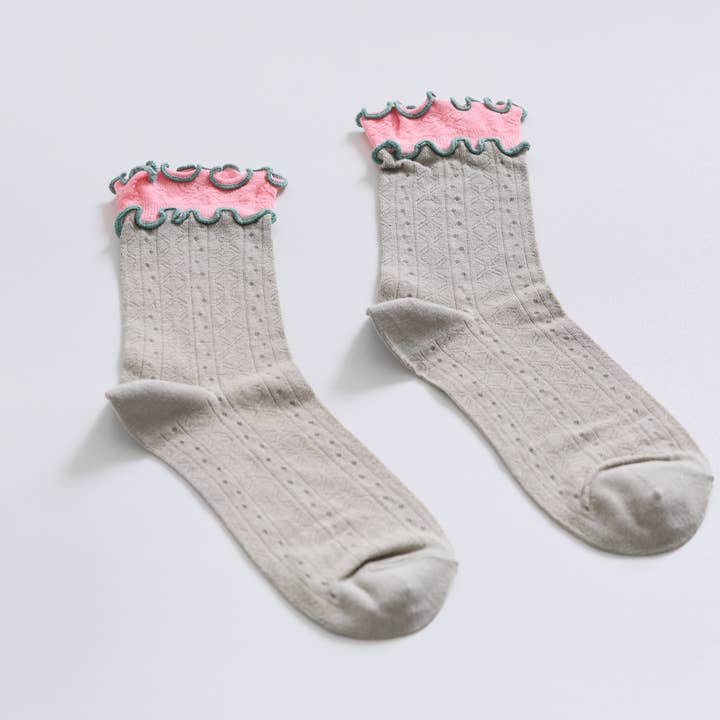 Happy Knits - Wholesale Socks - Women's - Women's Ruffle Trim Cotton Socks - Lightweight & Colorblock