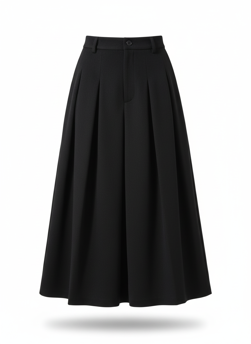 Black High Waist Pleated A-Line Skirt Wool Look Winter for wholesale on Faire0