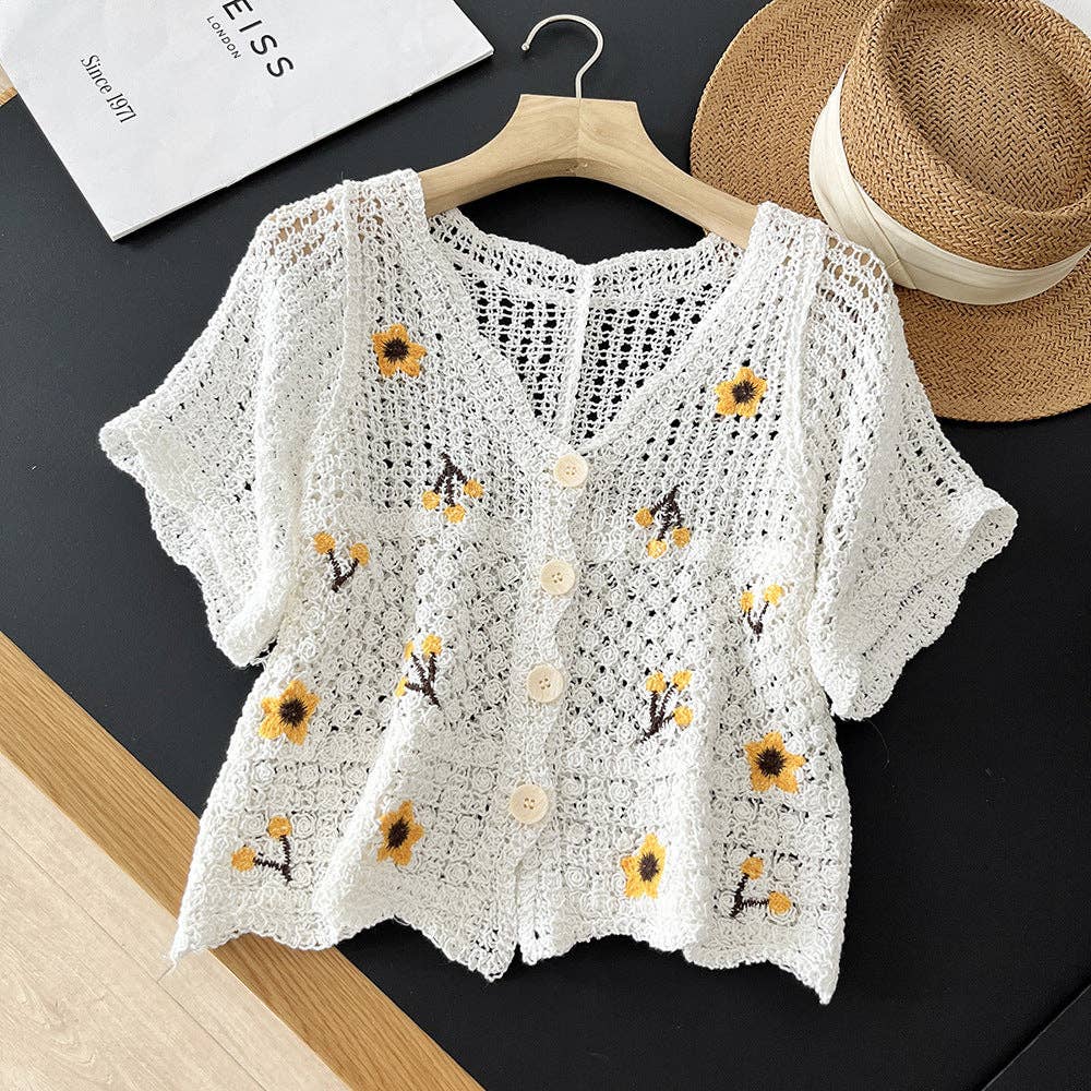 Funkyrel® Atzbranding Limited - Vendita all'ingrosso Cardigan - Donna - Cardigan sottile lavorato a maglia con ricamo floreale traforato in stile vintage3