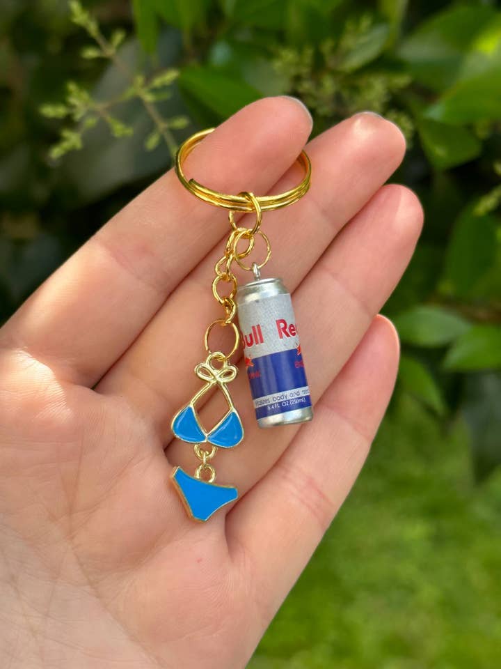 Energy can and Blue Bikini Charm Keychain – Fun, Trendy for wholesale by Arcfo Jewelry