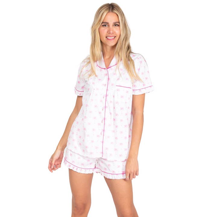 Women's Pink Palm Tree Short PJ Set for wholesale by Sant and Abel