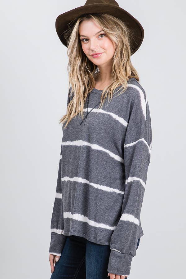 7th Ray – Engroshandel Strikket top - Dame – Stribet Tie Dye V-søm Drop Shoulder Langærmet Top T35652