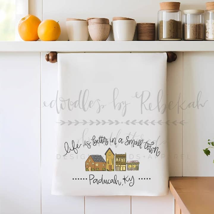 Life is Better in a Small Town Custom Town Tea Towel for wholesale by Doodles By Rebekah