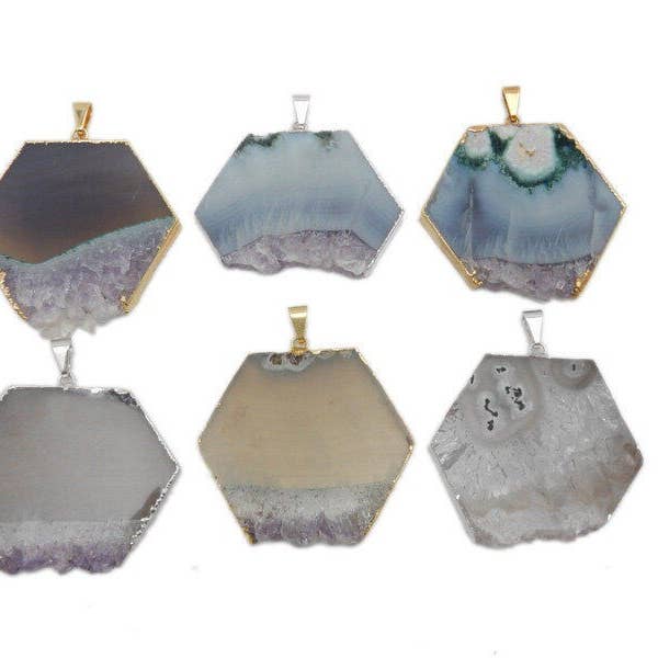 Jewelers Paradise - Wholesale Individual Charm/Pendant - Amethyst Slice Hexagon Pendant with Electroplated Edge11