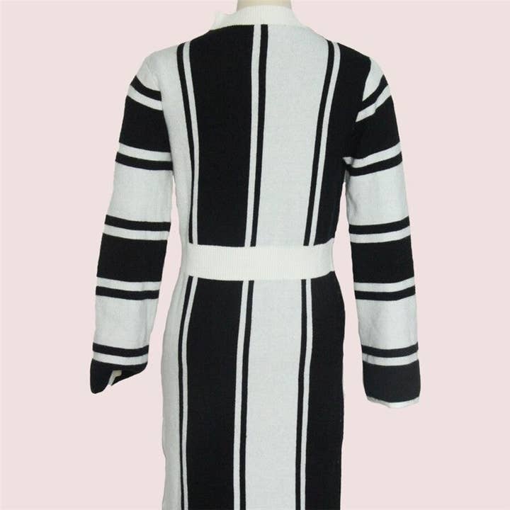 BLACK STRIPE Contrast Striped Round Neck Long Knitted Dress for wholesale on Faire