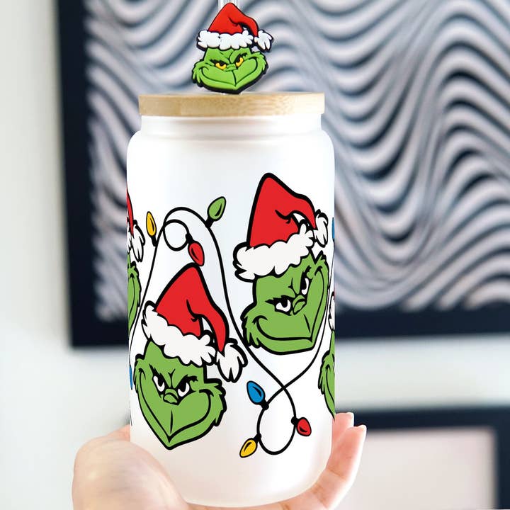 Sip-Sip Hooray! - Wholesale Drinking Glass/Cup - Grinch Inspired Christmas Lights 16oz Glass Can Cup with Lid and Straw