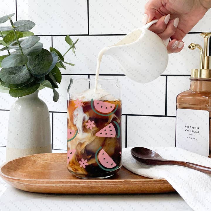 16oz Watermelon Fun Glass Cup with Bamboo Lid & Straw #100135 for wholesale by Sayers & Co.