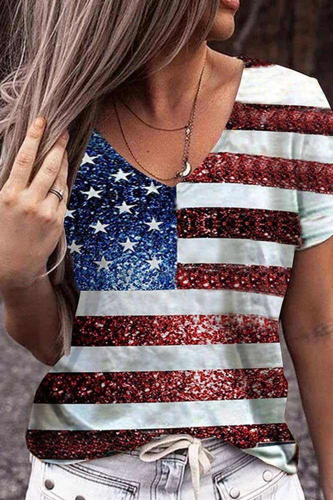 UNISHE - Venta al por mayor Camiseta - Mujer - Top con cuello en V con bandera de EE. UU., Día de la Independencia del 4 de julio ZZKF11092