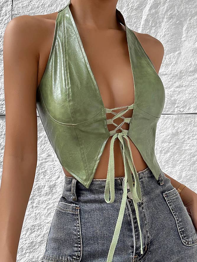 UNISHE - Wholesale Corset - Women's - Low Cut Cardigan Halter Tie PU Leather Corset Top GZCY074