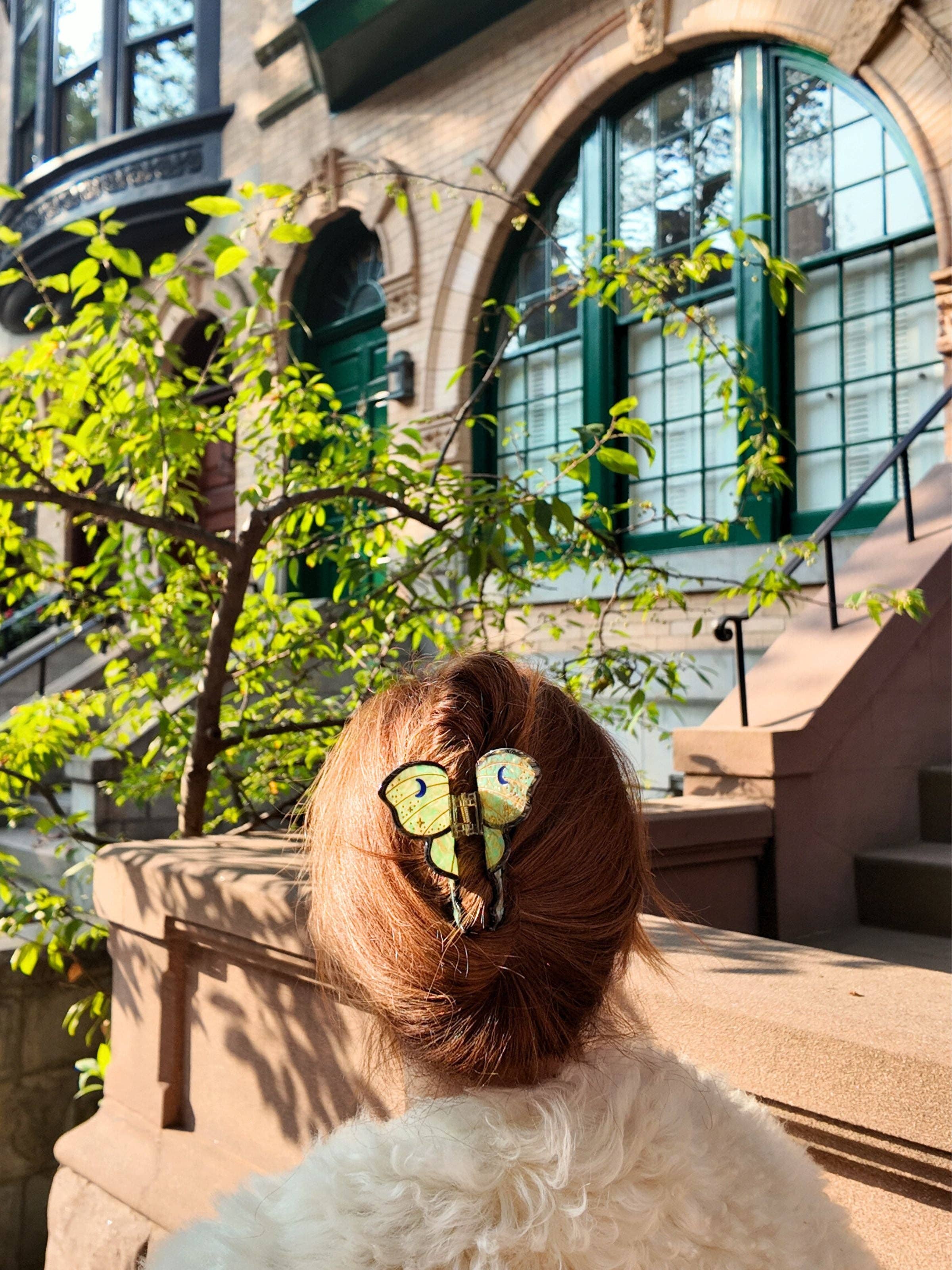 Green Hand-painted Luna Moth Claw Hair Clip | Eco-Friendly for wholesale on Faire4