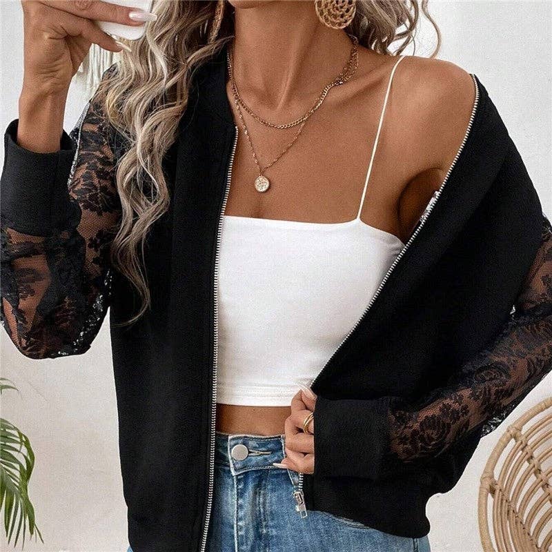 UZ Wholesale Store - Wholesale Jacket - Women's - Lace Patchwork Long Sleeve Baseball Collar Jacket1