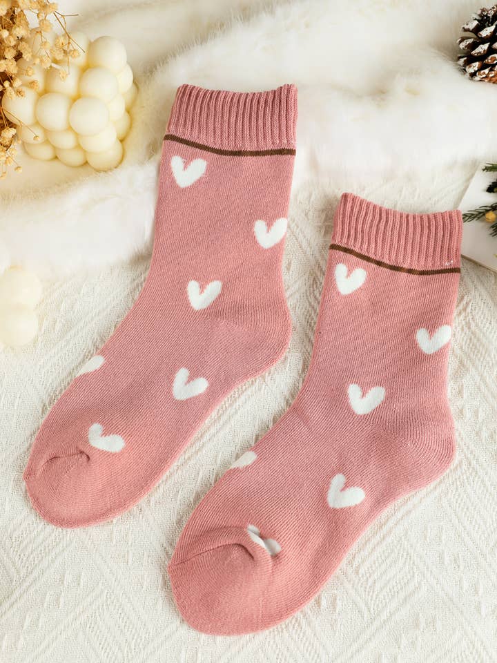 Pink Contrast Heart Print Ribbed Cuff Womens Crew Socks for wholesale on Faire0