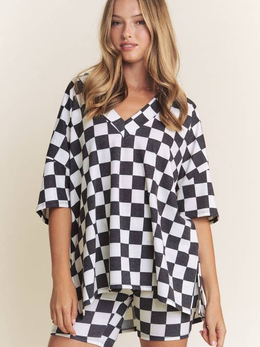 JADE BY JANE PLUS - Wholesale Lounge Set - Women's - PLUS SIZE SHORT SLV V-NECK / SHORTS CHECKERBOARD SET13