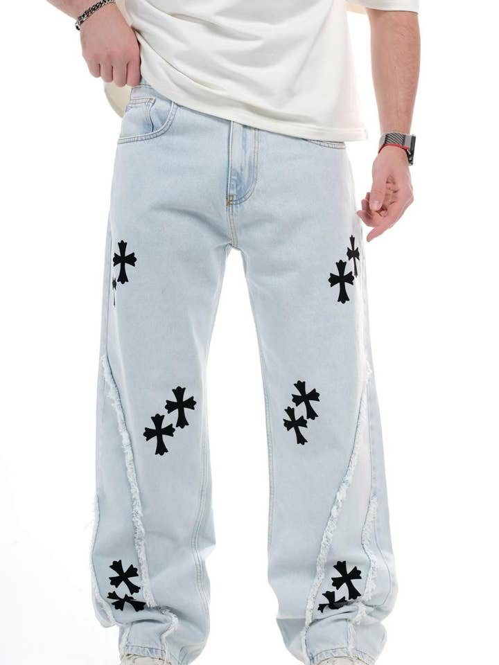 Light Blue Patch Detail Wide Leg Jeans 3279 for wholesale by Monocloth