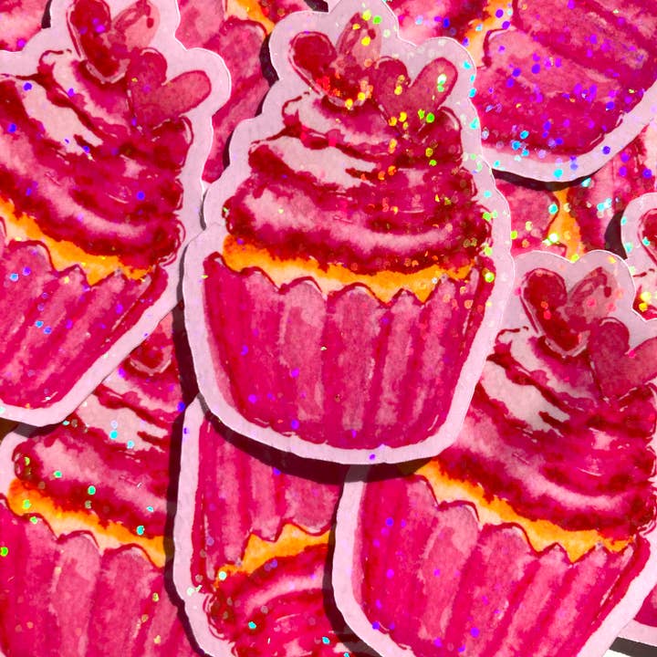Valentines Day Pink Hearts Cupcake Waterproof Sticker for wholesale by stickersbyjodi