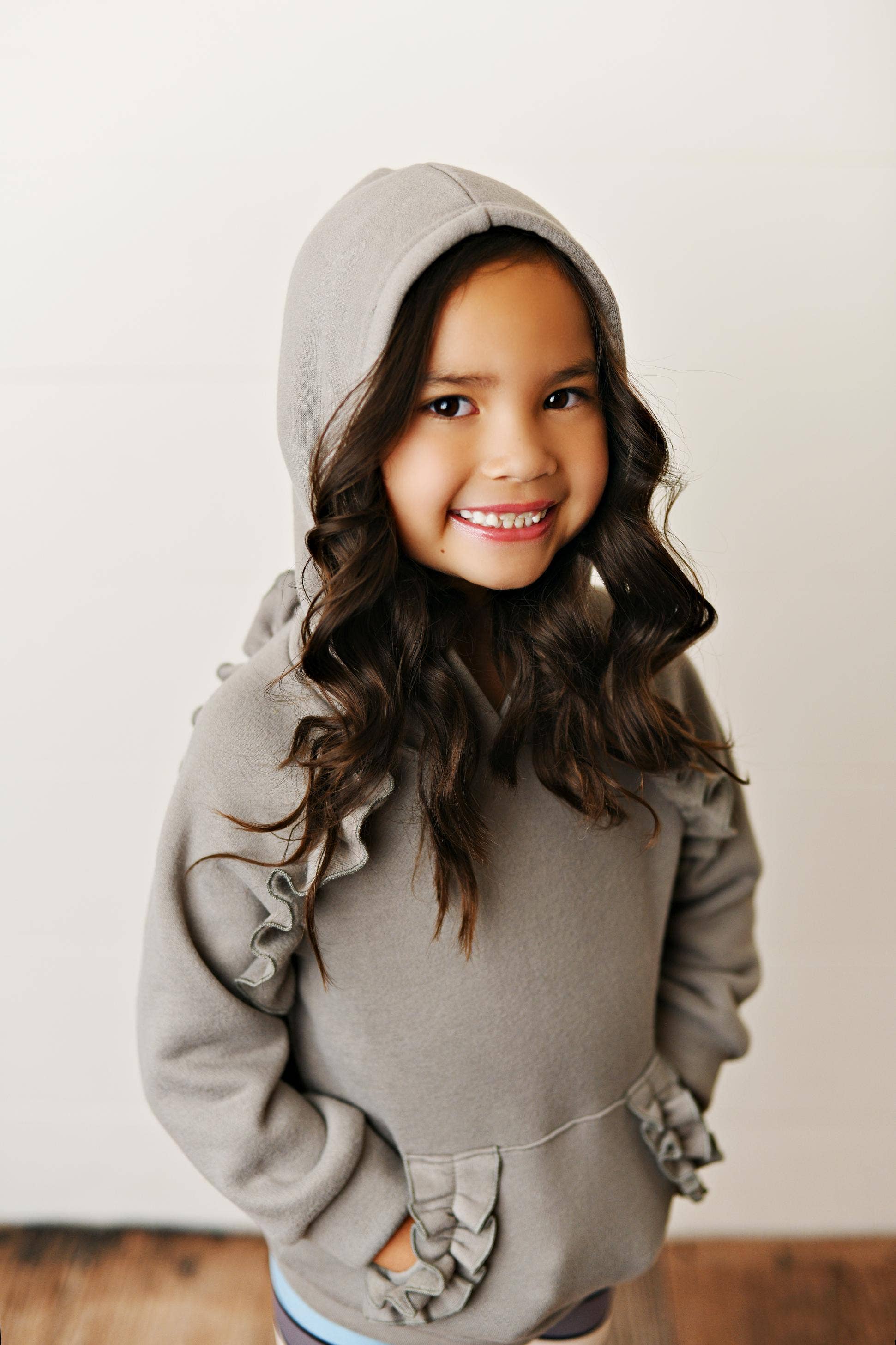 Adorable Sweetness - Wholesale Top & Leggings Set - Kids - Kids Gray Ruffle Hoodie and Rainbow Stripe Leggings Fall Set2