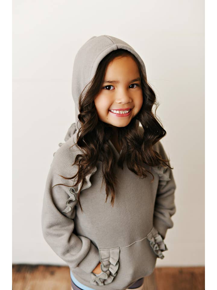 Adorable Sweetness - Wholesale Top & Leggings Set - Kids - Kids Gray Ruffle Hoodie and Rainbow Stripe Leggings Fall Set2