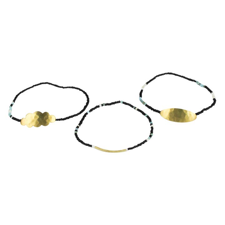 Quay Beaded Bracelets, Black - Set of 3. 2.5” diameter for wholesale by HomArt