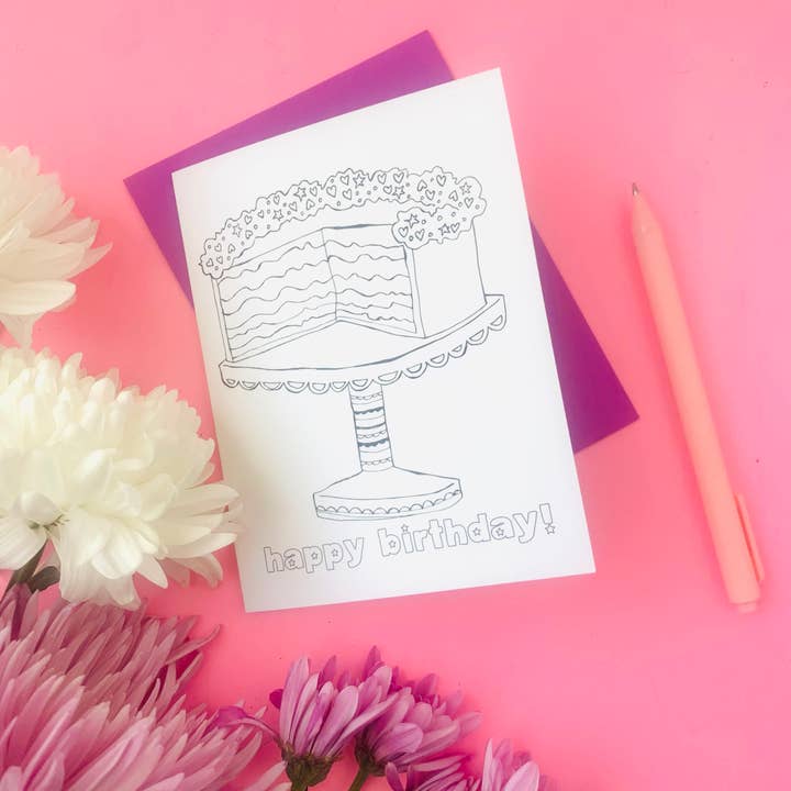 Happy Birthday Cake Coloring Greeting Card | for friend for wholesale by Lacee Swan