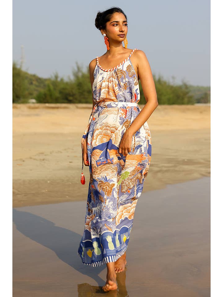 America & Beyond - Wholesale Dress - Women's - Set of 6 Taste Of Blue Tropics Maxi Dress (S,M,L)