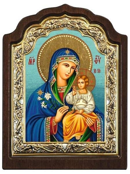 Virgin Mary Eternal Bloom Icon–Arched Engraved Silver, Gold for wholesale by The Art of the Icon