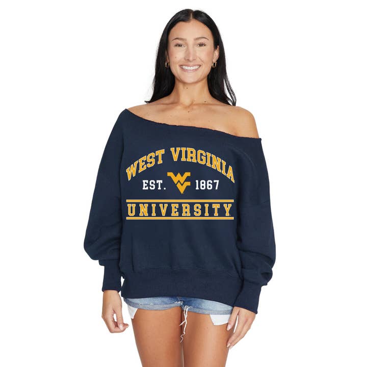 West Virginia Mountaineers Off the Shoulder Sweatshirt for wholesale by Lojo Collegiate Apparel