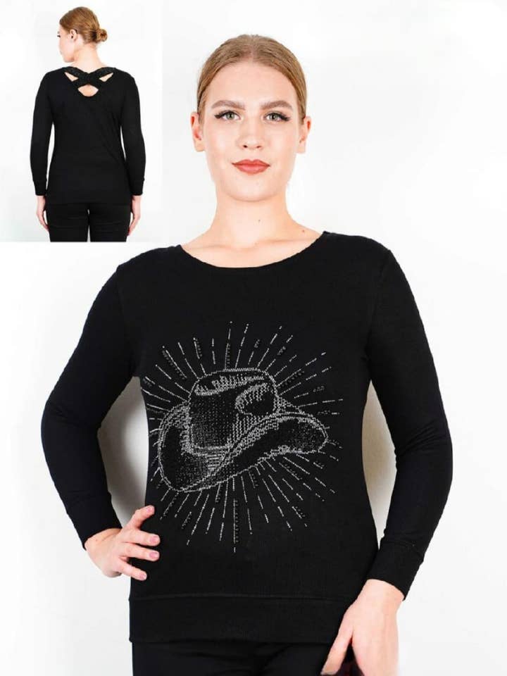 camisola elegante mulher preta de manga comprida por atacado de phoenix fashion