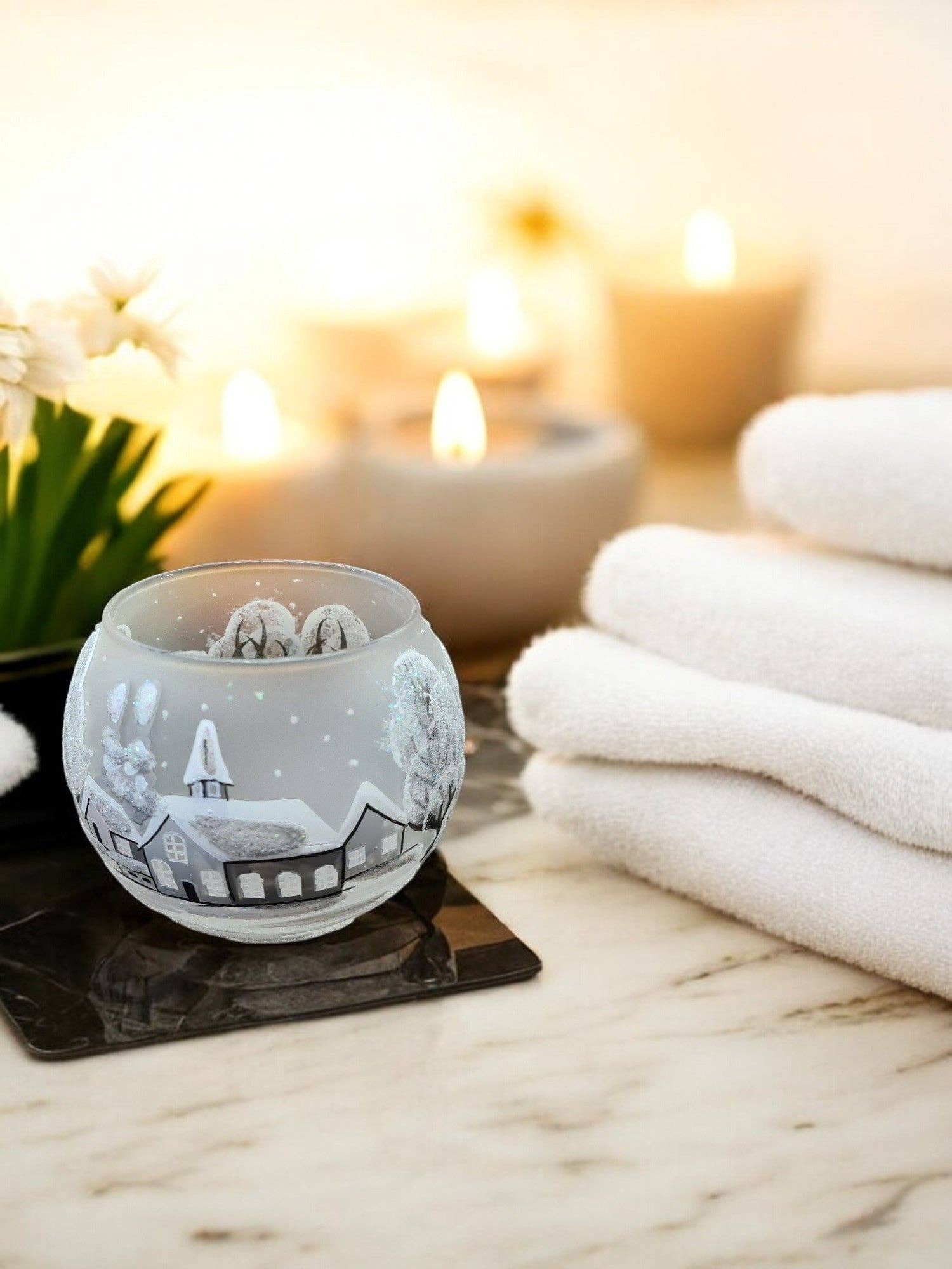 Glass by Iness - Wholesale Candle Holder - Small Frosted Glass Candle Holder, Hand Crafted in Ukraine, White Church Winter Wonderland, Wonderful Year Round2