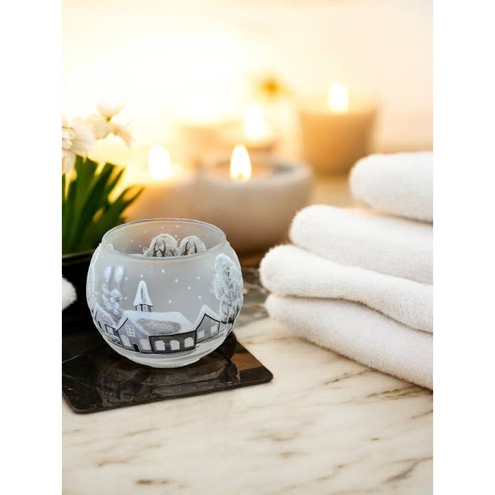 Glass by Iness - Wholesale Candle Holder - Small Frosted Glass Candle Holder, Hand Crafted in Ukraine, White Church Winter Wonderland, Wonderful Year Round2