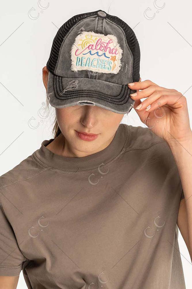 Hana - Wholesale Ponytail Cap - Women's - C.C Aloha Beaches Patch Distressed Pony Cap14
