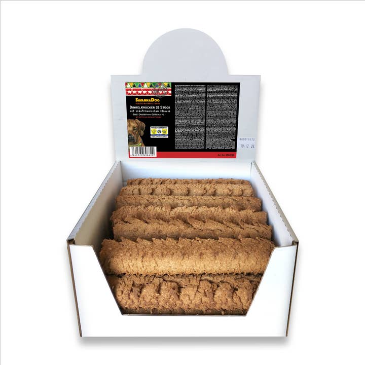 Spelt Crackers with South African Ostrich in Display 21 pcs. for wholesale by SavannaDog