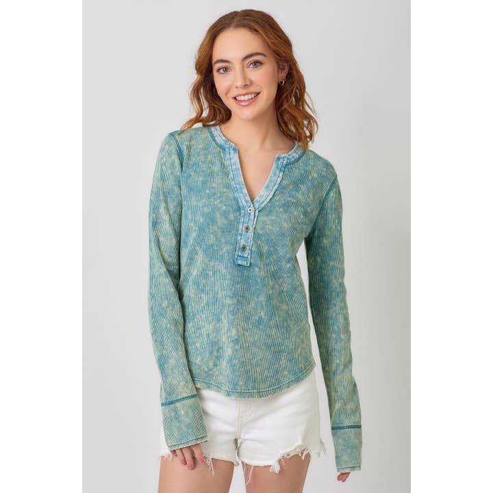Washed Thermal Henley Top with V Neck and Button Trim for wholesale by Apolline