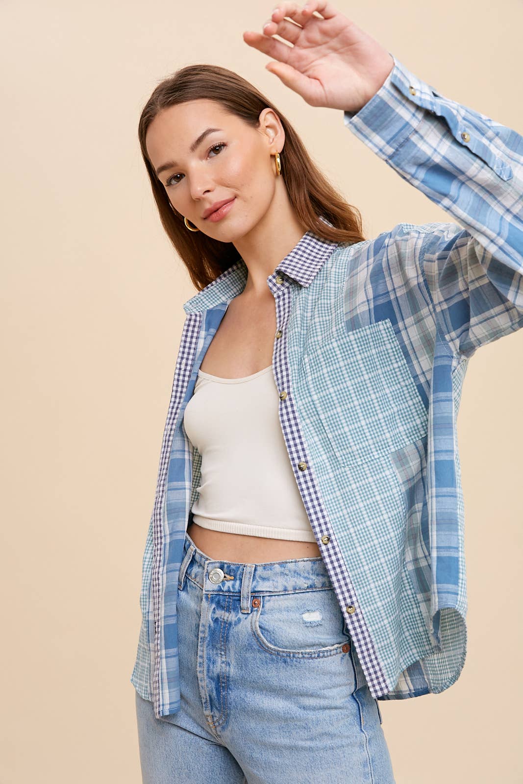 MULTI BLÅ TERNET MULTI PANEL KONTRASTTERNET SKJORTE MED KNAPPER NED for engroshandel på Faire1