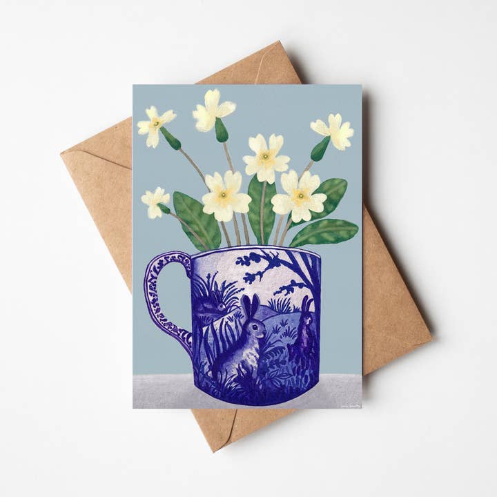 Primroses is Rabbit Cup Card for wholesale by Susie Hamilton Art