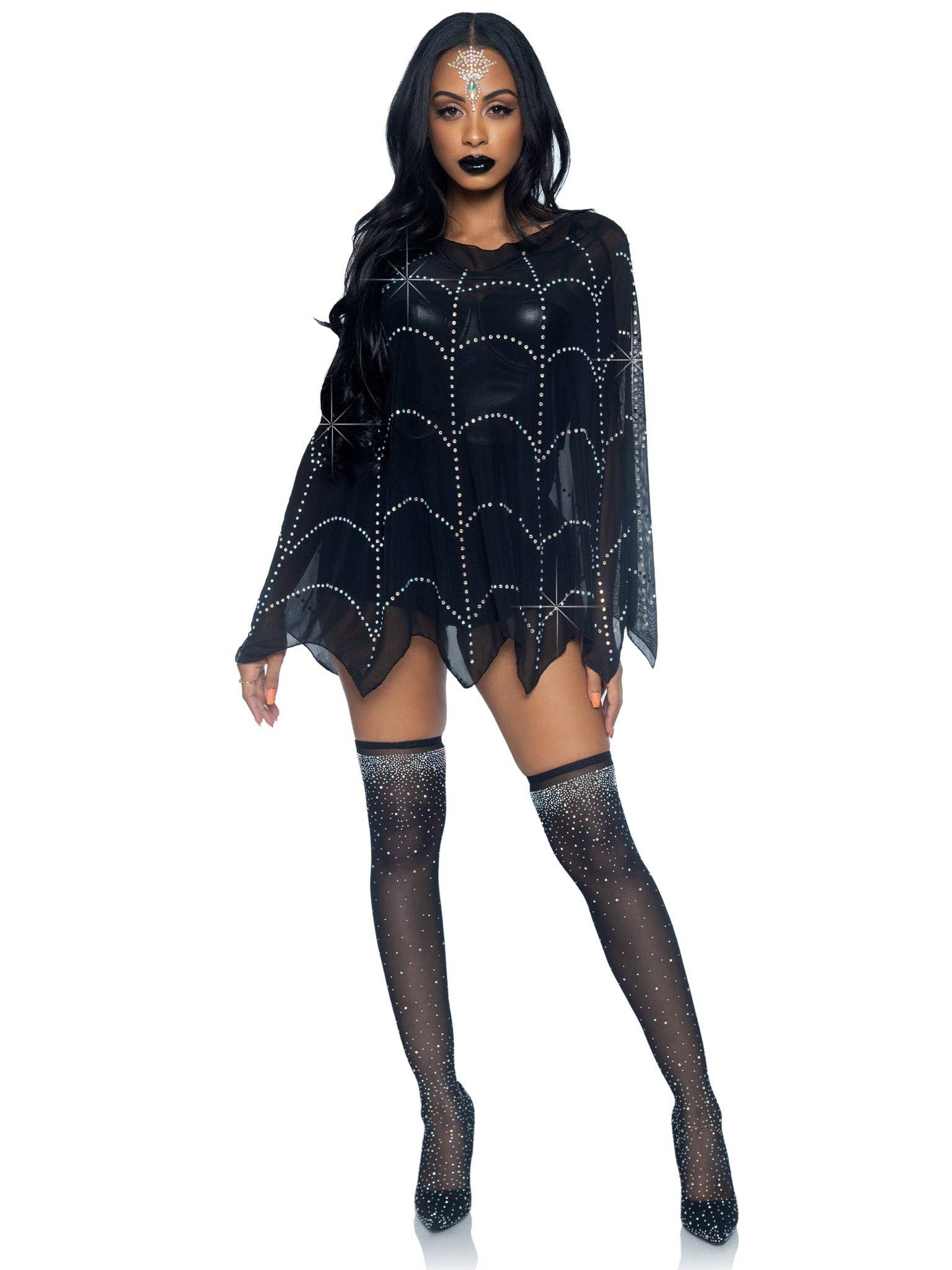 Black Spider Web Rhinestone Costume Poncho for wholesale on Faire2