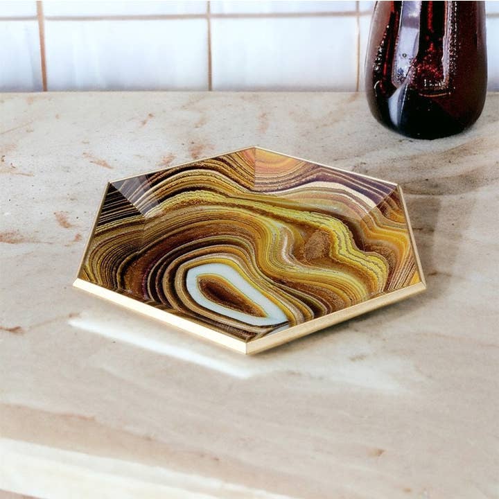 Febland – wholesale Decorative tray – Hexagon Tray Sand Design Display Bowl Dish Brown Golden